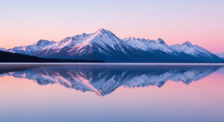 Serene pink sunrise over snow-capped mountains reflected in lake