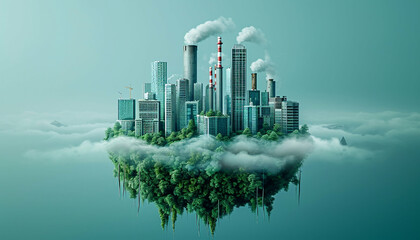 A futuristic city island, floating amidst clouds, emitting pollution from industrial buildings.