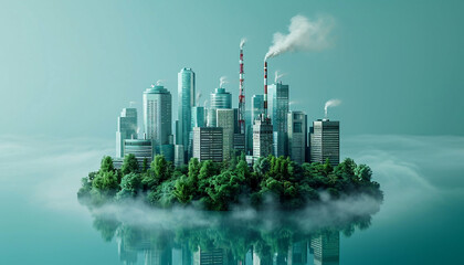 A futuristic city nestled on a verdant island, shrouded in mist, with industrial smokestacks emitting pollution.
