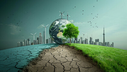 A split-view depiction of Earth showcasing environmental contrast and climate change.