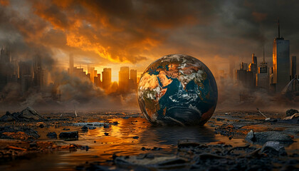 Earth globe in a devastated landscape with ruined buildings under a fiery, dramatic sky.