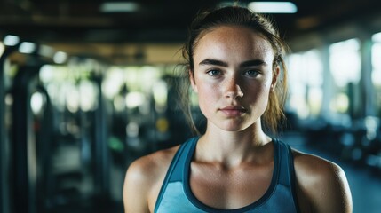 Fototapeta premium A young Australian female athlete demonstrates focus and determination in a sportswear outfit. Captured in a gym environment, she embodies strength and motivation.