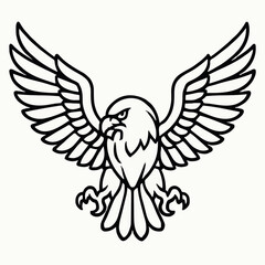Fototapeta premium A bold black-and-white eagle illustration with wings fully spread, sharp talons, and detailed feathers. Clean lines create a powerful, dynamic look—perfect for tattoos, logos, or decor. 