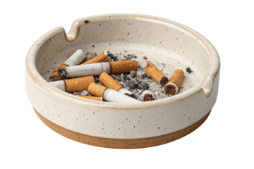 Ceramic ashtray filled with cigarette butts and ash isolated on transparent background