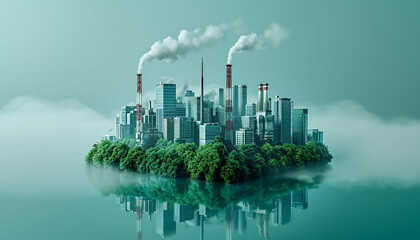 A stylized city island, surrounded by lush greenery, emitting pollution.