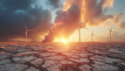 Dramatic sunset over cracked earth, wind turbines silhouetted against a fiery sky, suggesting environmental crisis.