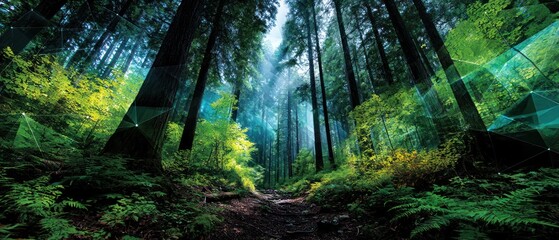 Obraz premium Lush forest path with abstract overlay