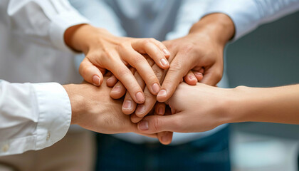 Teamwork and unity symbolized by diverse hands clasped together, demonstrating collaboration and support.