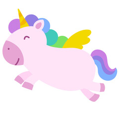 Cute Flying Pink Unicorn with Rainbow Mane and Yellow Wings – Cartoon Vector Illustration