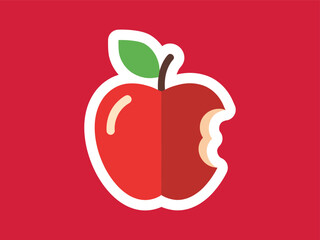 Flat Illustration Bitten Red Apple with Green Leaf on Red Background Food