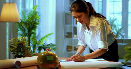 Indian female architect drafting drawing at desk in cozy modern office, Asian woman employee standing and manually sketching architectural plan using scale and pencil on paper with focused expression