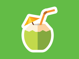 Flat Graphic Coconut Fruit with Straw and Umbrella Cocktail Icon