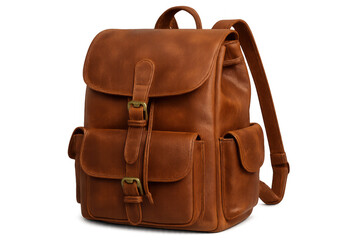 Stylish brown leather backpack with buckles and pockets, isolated on transparent background, perfect for travel or everyday use