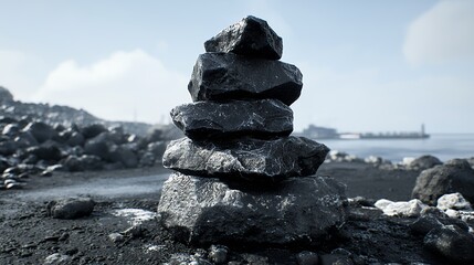 Dark Volcanic Rocks Stacked on a Desolate Beach