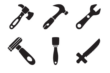 Tool icon set. Instrument symbol, wrench, hammer, paint brush silhouette vector illustration on white background