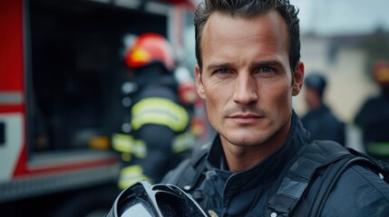 A portrait of a young European male firefighter showcasing determination and professionalism. The image captures the spirit of emergency services and bravery in action.