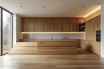 Modern kitchen interior with wooden cabinets island and flooring large window and recessed lighting