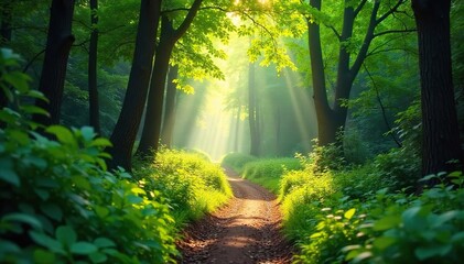 Obraz premium Sun-Dappled Forest Path A Magical Journey Through Lush Green Foliage, perfect for travel, nature, and environmental projects.