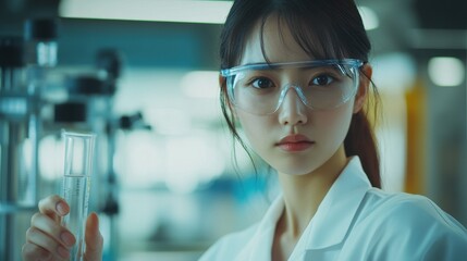 A young Asian female scientist stands in a laboratory, holding a test tube. She wears glasses and displays a focused expression, highlighting her dedication to research.