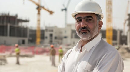This image features a middle-aged Middle Eastern man wearing a hard hat, confidently posing at a bustling construction site, with cranes and workers in the background.