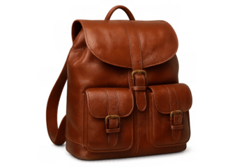 Sleek leather backpack with versatile pockets, buckled design, hanging against transparent backdrop, ideal for urban commuting