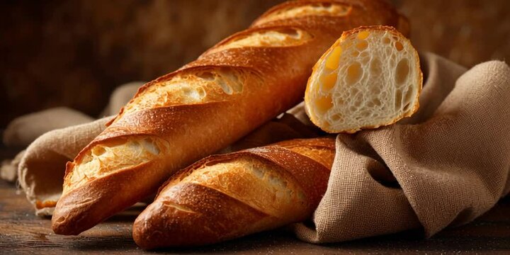 Delicious crusty baguettes on rustic table