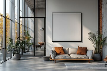 Modern living room interior with large windows sofa plants blank picture frame and concrete floor