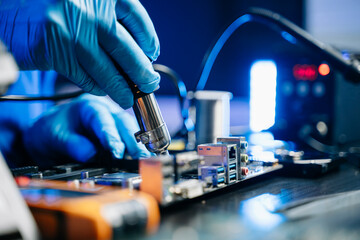 Technician in gloves performs precise soldering on circuit board using hot air gun. Concept of...
