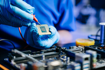 The technician is putting the CPU on the socket of the computer motherboard. electronic engineering...