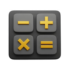 Obraz premium A minimalist gray calculator with gold mathematical symbols for addition, subtraction, multiplication and equality on a transparent background represents calculation.