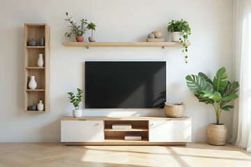 Living room interior with cabinet tv, shelf in modern empty room. 3d rendering. Front view.