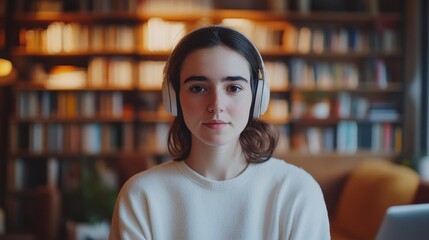 A young woman wearing headphones sits comfortably indoors, exuding a calm and focused energy. Soft natural light highlights her thoughtful expression against a cozy backdrop of bookshelves.