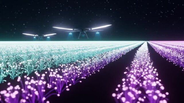 Drones Hovering Over Glowing Field at Night Slow Motion