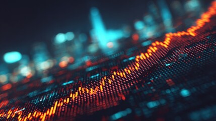 A glowing orange digital graph line overlays a blurred cityscape at night, representing data trends and financial analysis in a futuristic setting.
