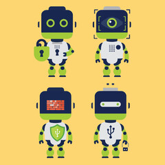 set minimalist geometric flat vector design of mini data security robots