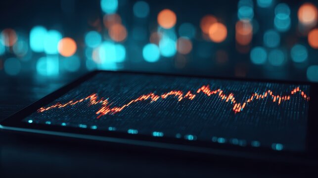A close-up of a digital device displaying a fluctuating financial graph with glowing data points against a blurred blue and orange background.