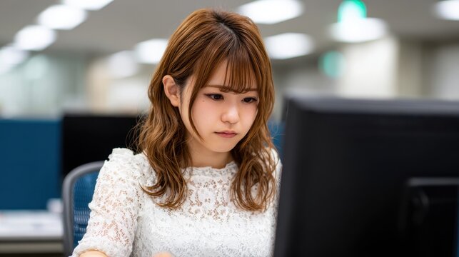 A young woman in a white lace top is focused on her work at a computer in a modern office setting.