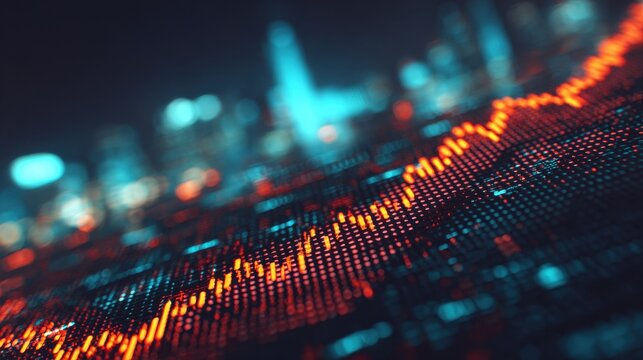 A glowing orange digital graph line overlays a blurred cityscape at night, representing data trends and financial analysis in a futuristic setting.