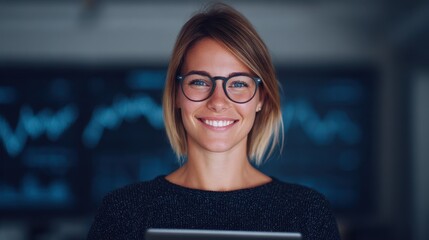 A young woman with glasses smiles confidently in a modern office environment with a blurred digital graph background.