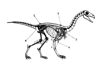 Raptor Skeleton Anatomy Blueprint in Stipple Ink Style. Labeled Dinosaur Bone Structure Diagram. Vintage Paleontology Engraving © revpy