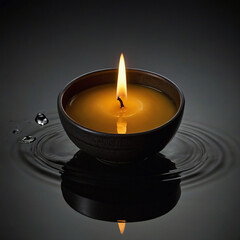 Candle flame reflected in water ripples in a bowl