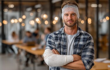 An illustration shows a young man who has been hurt in an accident, standing in an office with his head wrapped and his arm in a plaster cast