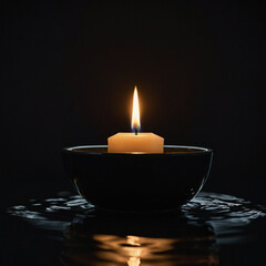 Candle flame glows in a bowl of water against a dark background
