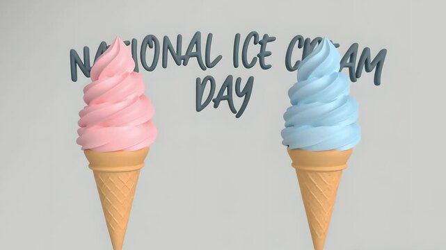 Ice cream cones animation for National Ice Cream Day, promotion, and summer fun. Sweet treats with pink and blue, dessert, tasty, cold food, celebration, and party content.