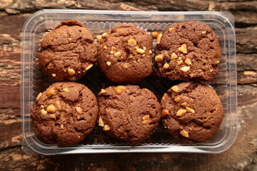 chocolate chip cop cake, muffins, top view, healthy diet foods.