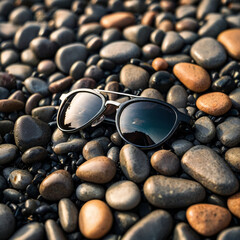 Sunglasses on smooth beach pebbles with reflections of sky