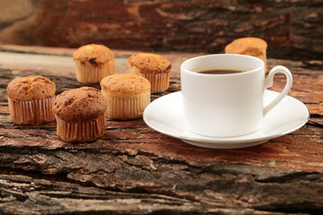 Cafe background- fresh coffee and muffins,
