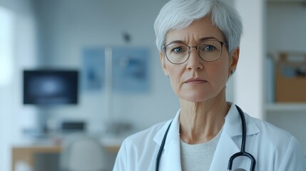 This portrait features a senior female doctor in a professional setting. With gray hair and glasses, she exudes confidence and expertise in healthcare.