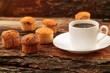Coffee and muffins-  delicious  snack time background, 
