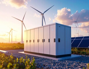 battery energy storage systems at a wind farm at sunset realistic